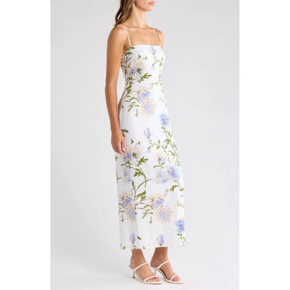Reformation White Floral Maxi Dress with Blue and Green Print - Picture 2 of 16